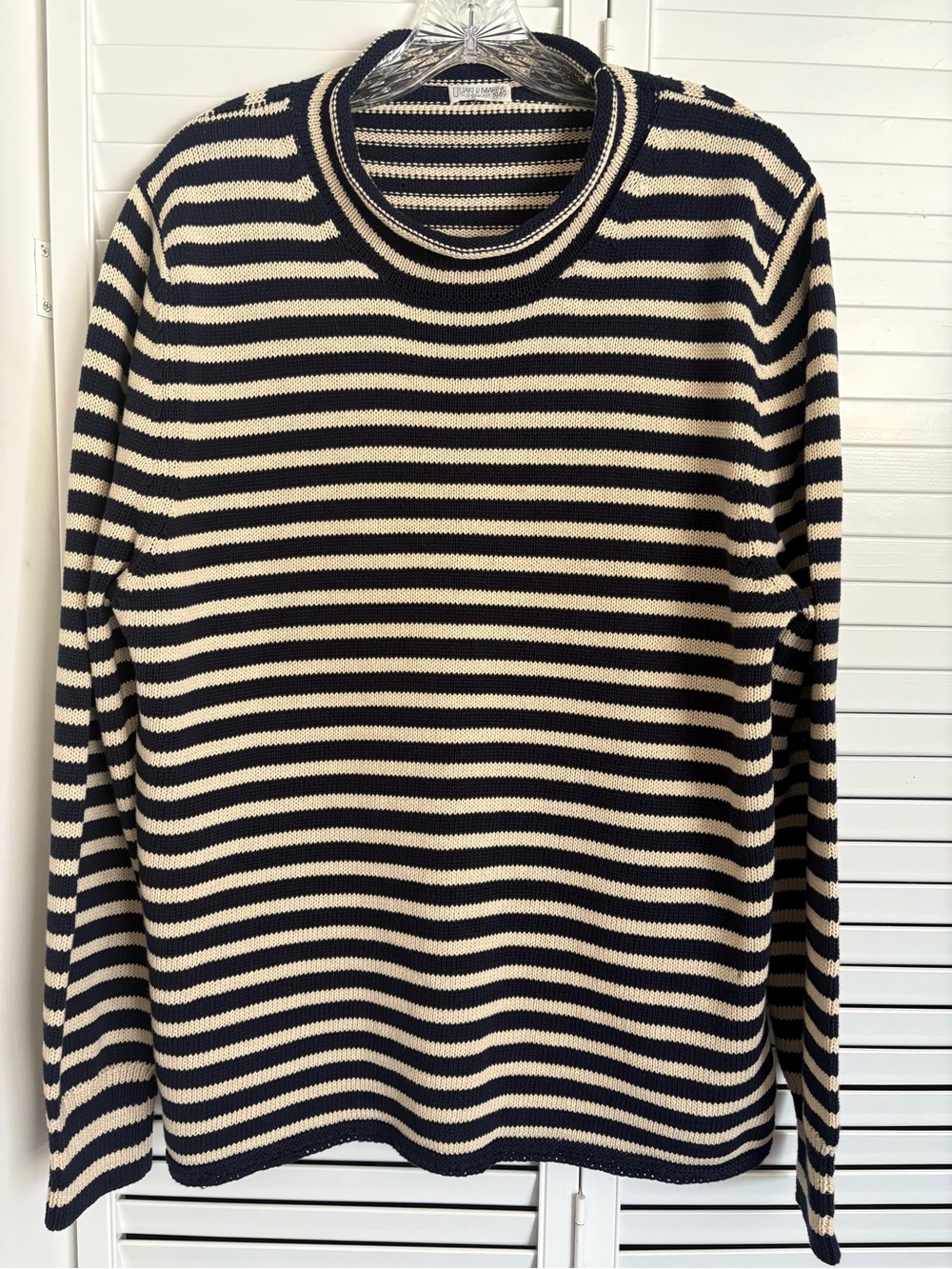 Quaker Marine Supply Linen Blend Fisherman Sweater Navy/Egret Knit Mens L - XL